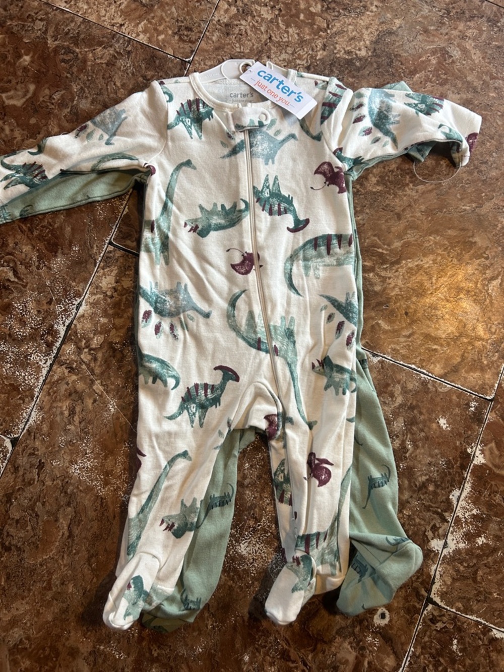 Carter's Cream and Green Dinosaur Footed One-Piece Pajamas set of 2